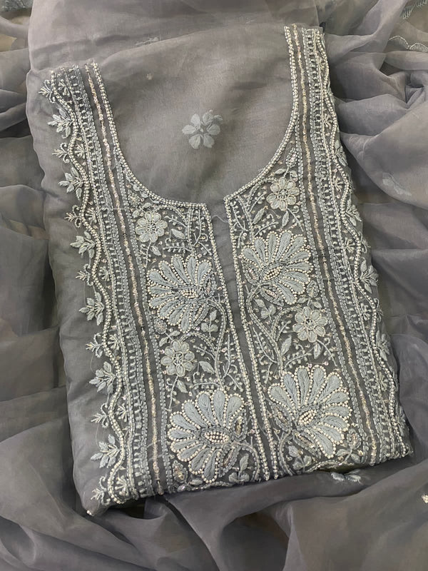 Pure Organza Chikankari Hand Work Unstitched Suit with Pearl Work