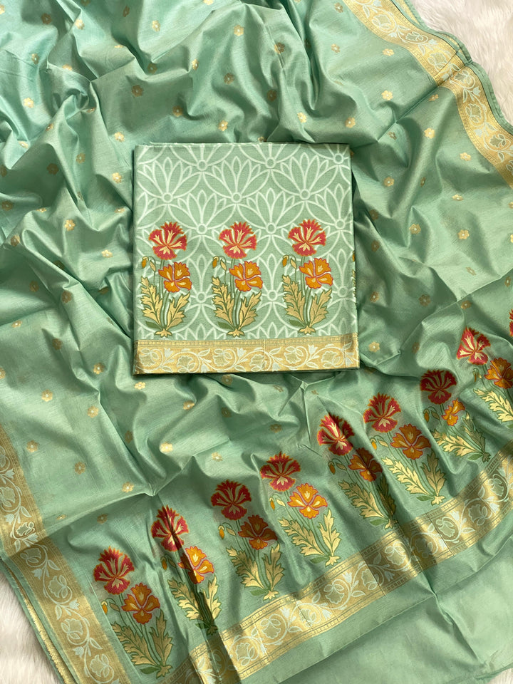 Pure Handloom Tilfi Chander Silk Weaved Unstiched Suit With Tilfi Chanderi weaved Dupatta.