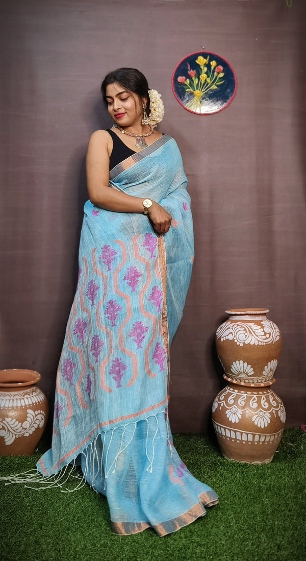 Pure Tissue Linen Silk Weaving Work Saree With Blouse.