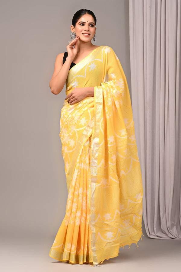 Hand Block Print Linen Saree with Blouse .