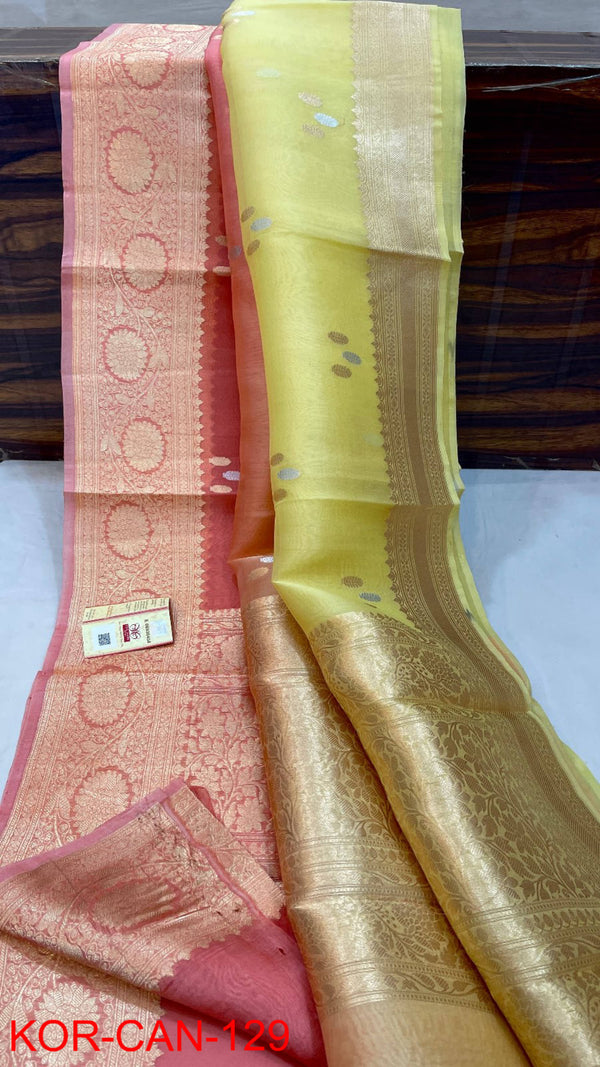 Pure Banarasi Kora Organza Silk Handwoven Zari Work Saree With Silk Mark Certificate ( Length- 6.3 Meter )