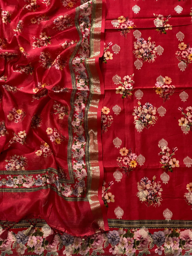 Pure Banarasi Chanderi silk Digtal prnit Zari Work Unstitched Suit.