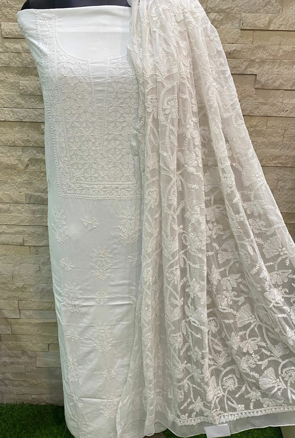 Pure MulMul Cotton Chikankari Unstitched Suit With Chikankari Hand Embroidery Jaal Dupatta .