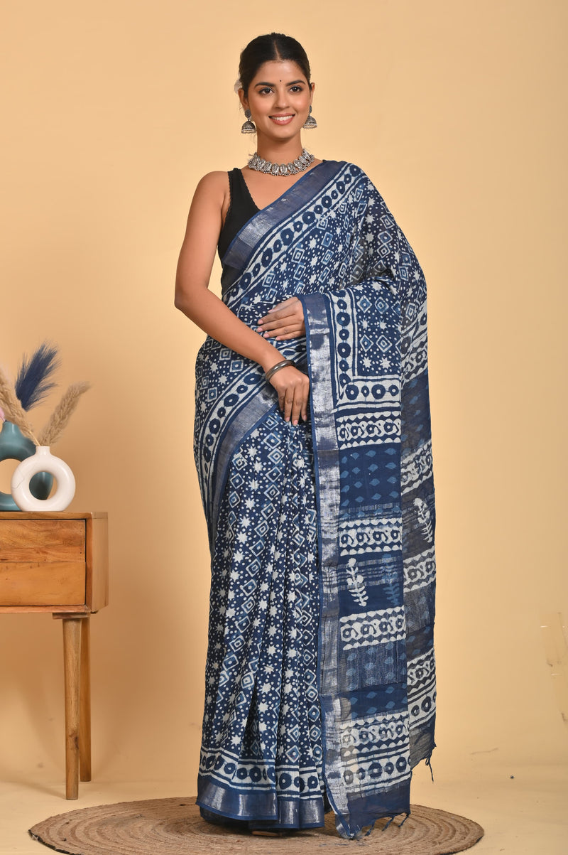 Hand Block Print Linen Saree with Blouse .