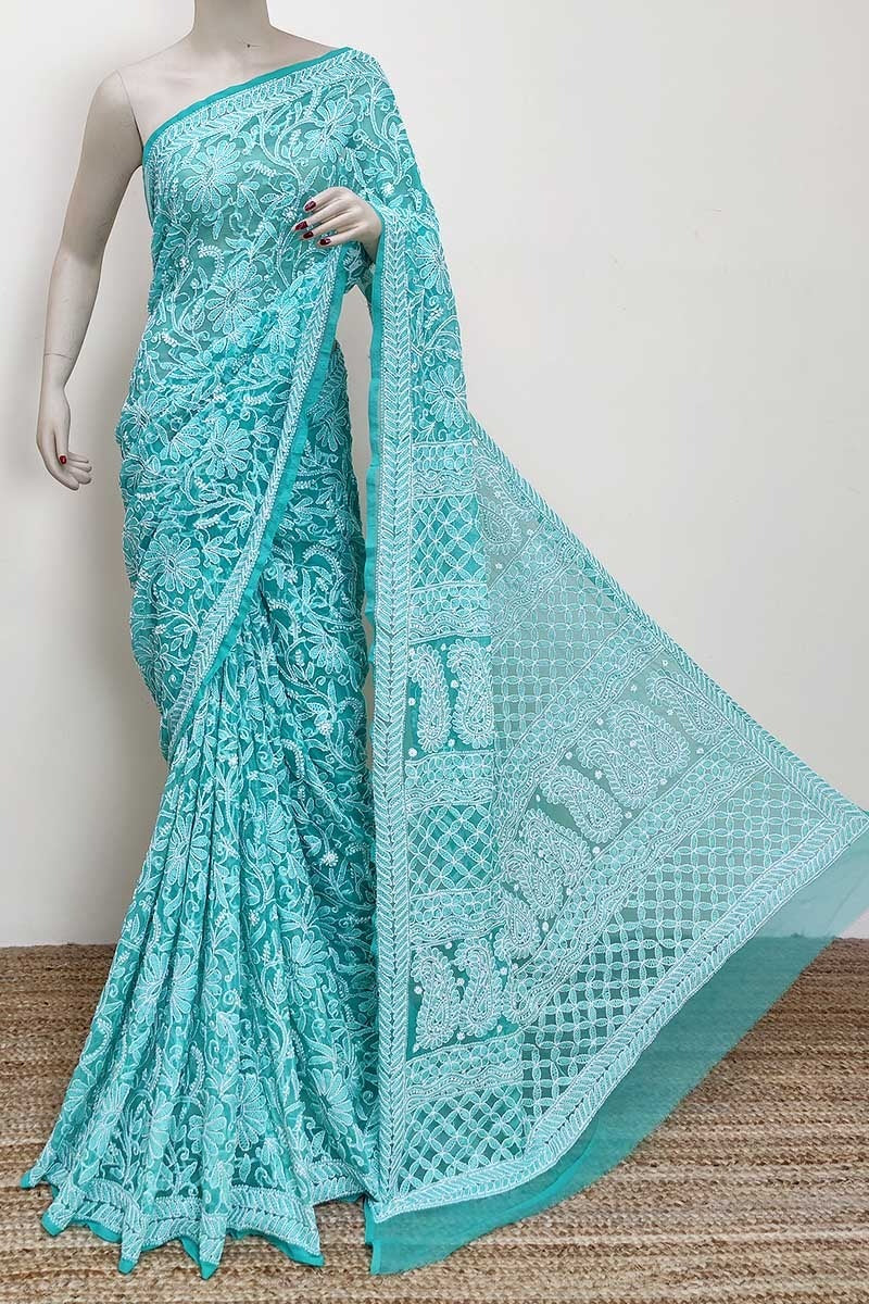 Pure Chiffon Georgette Chikankari Hand Embroidery Full Jaal Work Saree.