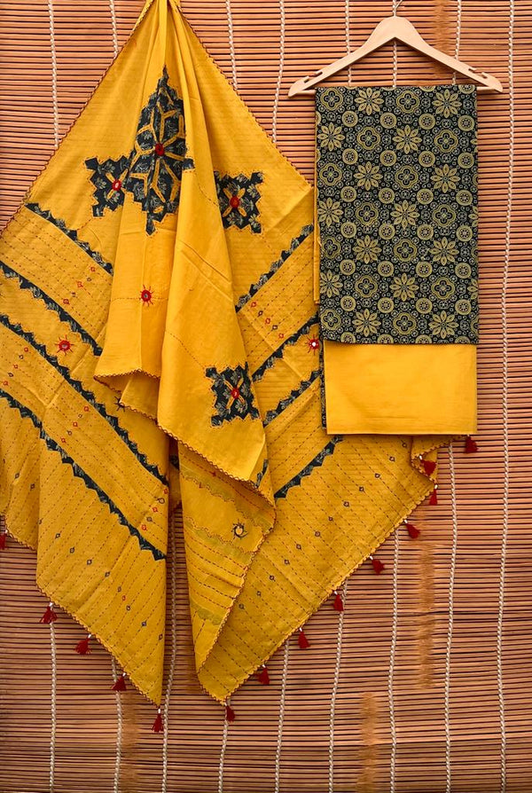 Pure Cotton Azrakh Print Unstitched suit With Patch Work Dupatta.