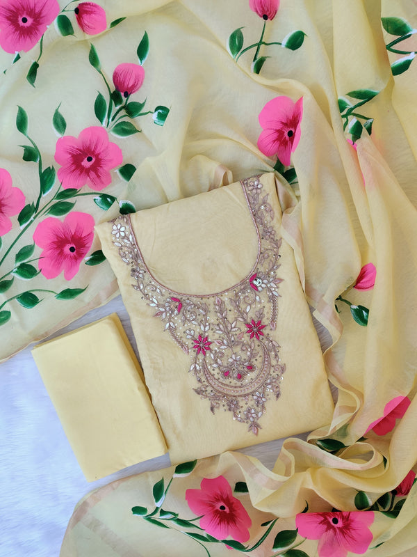 Pure Chanderi Gotta patti Work unstitched Suit With Chanderi Dupatta.