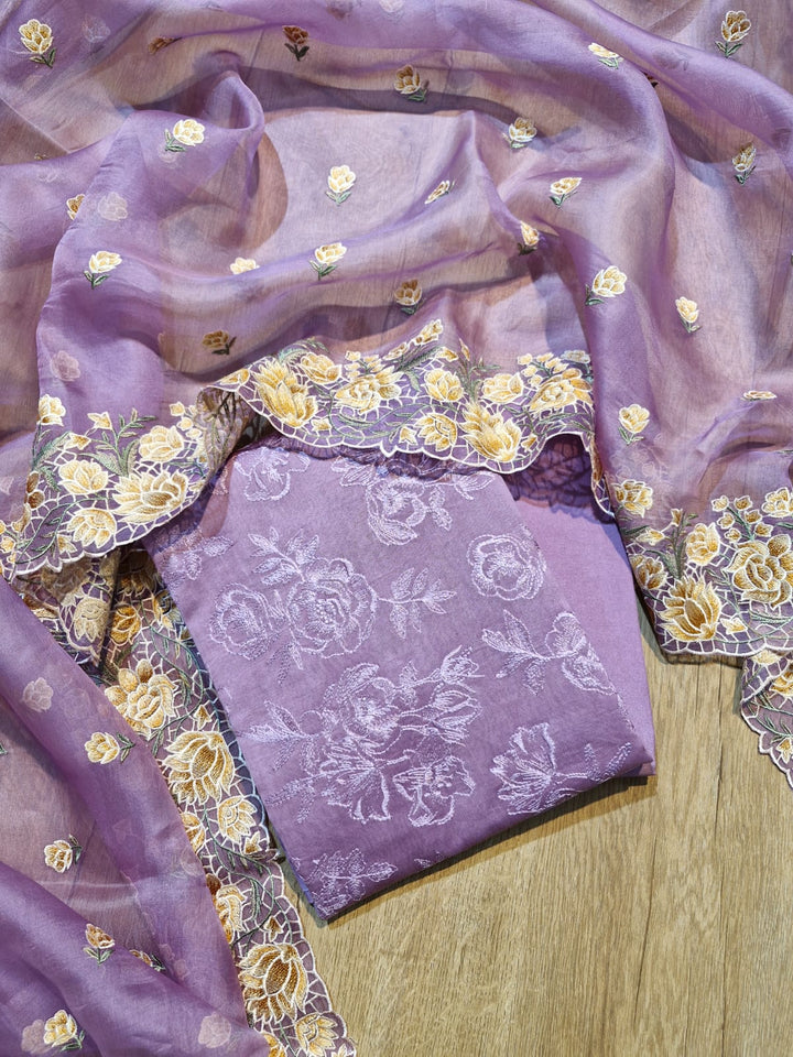 Pure Banarasi Chanderi Silk  Embroidered Unstitched Suit With Pure Organza Silk Dupatta.