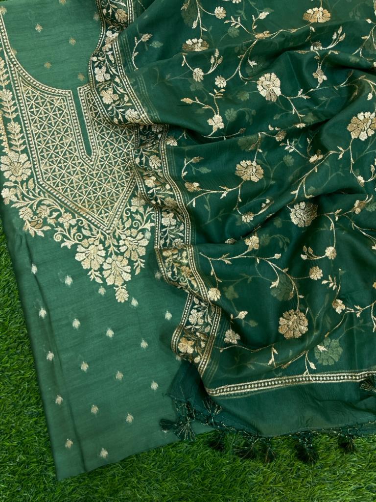 Pure Banarasi Resham Chanderi Silk Zari Embroidery Unstitched Suit With Pure Organza Zari Work Dupatta.