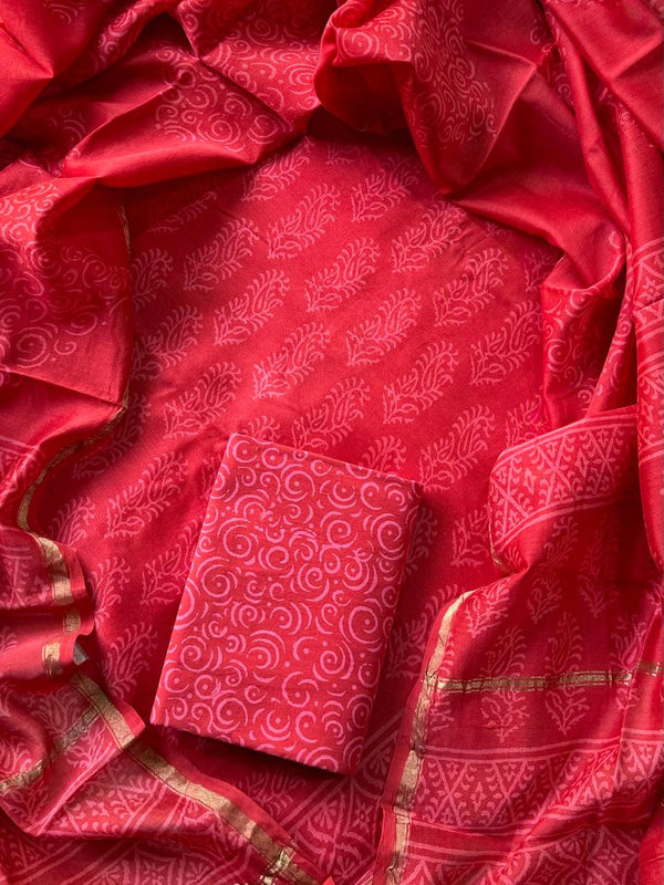 Pure Hand Block Chanderi Silk Unstitched Suit.