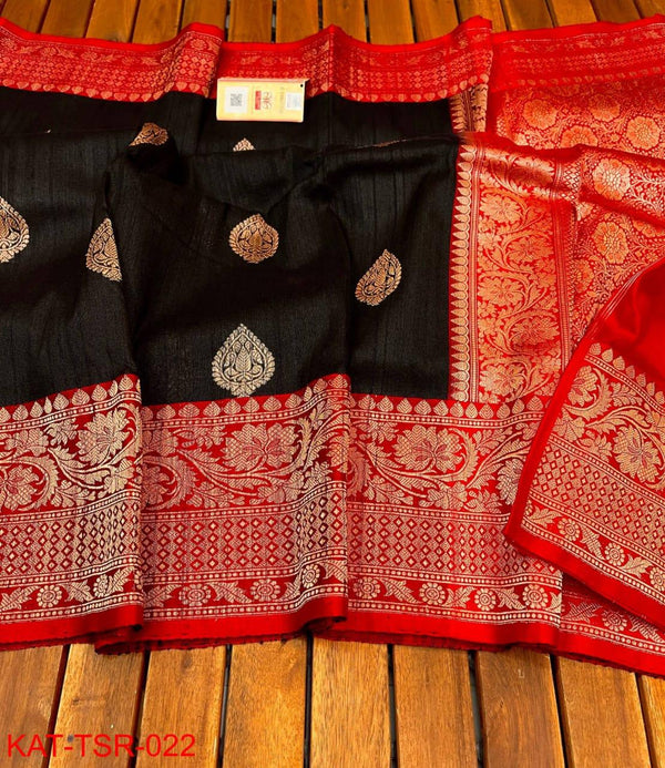 Handwoven Pure Banarasi Tussar Silk Saree With Antique Zari Work.