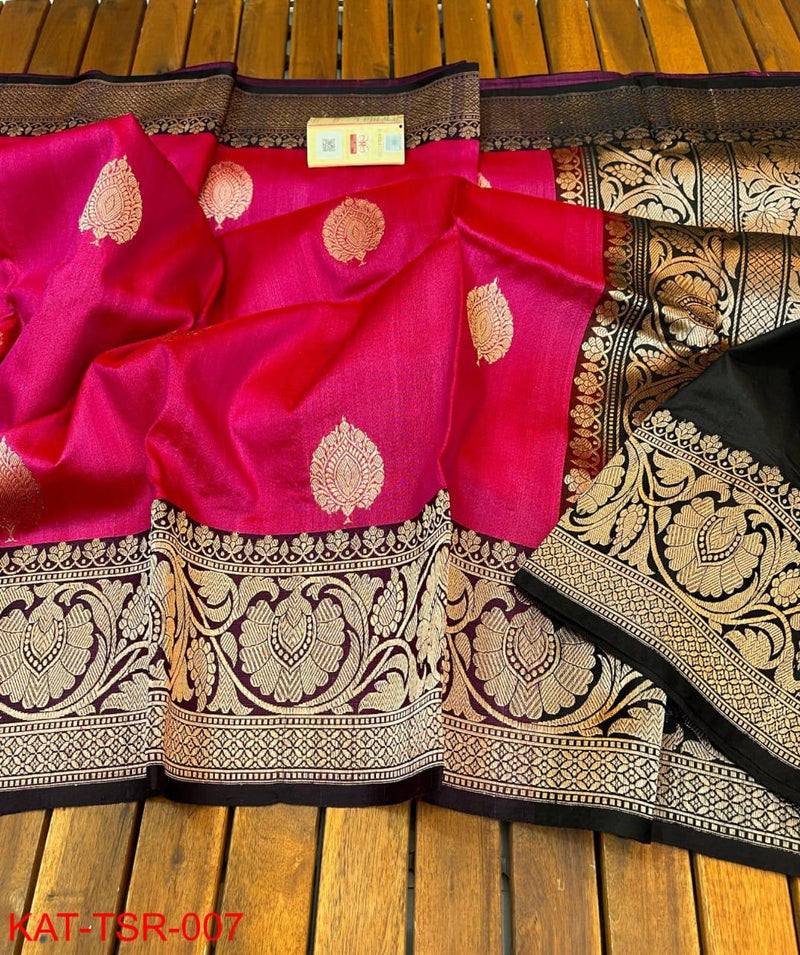 Handwoven Pure Banarasi Tussar Silk Saree With Antique Zari Work.