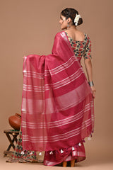 Hand Block Print Linen Saree with Blouse .