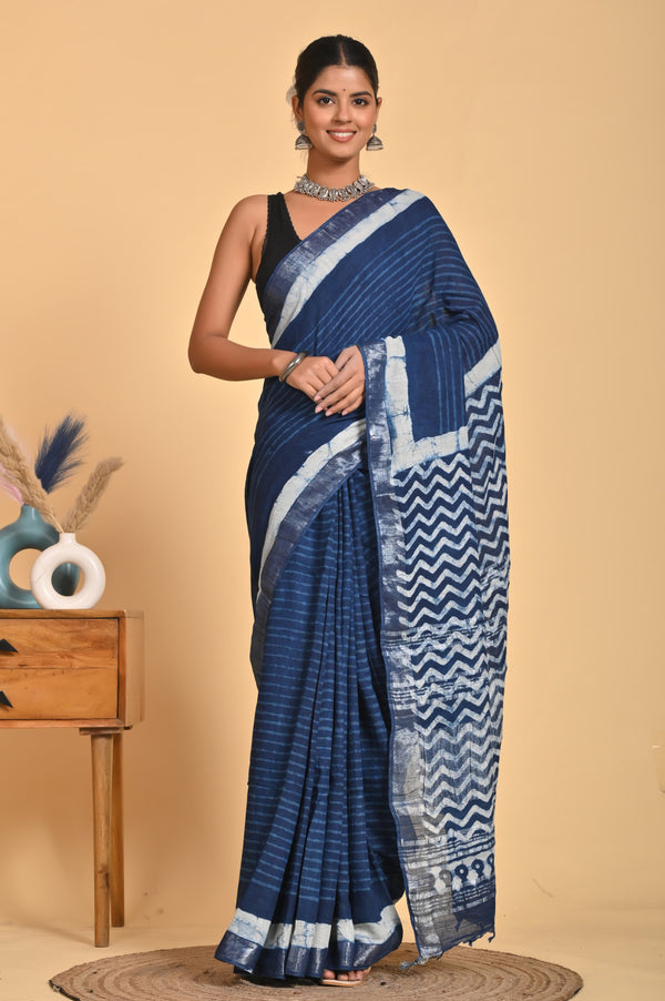 Hand Block Print Linen Saree with Blouse .