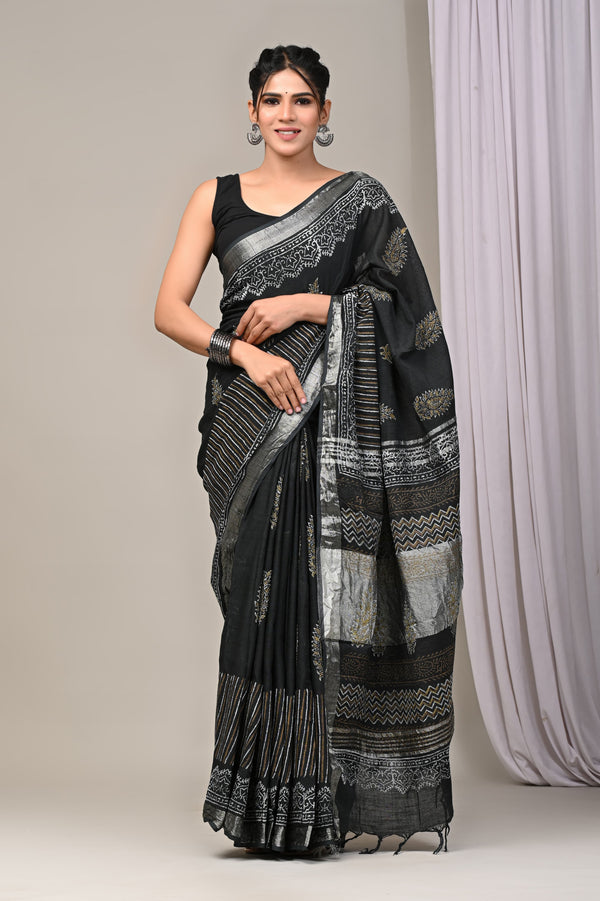 Hand Block Print Linen Saree with Blouse .