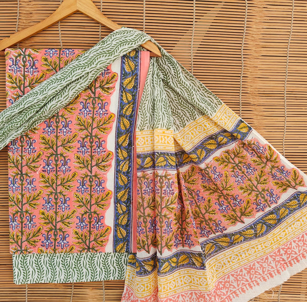 Pure Cotton Hand-Block Print unstitched suit with cotton dupatta .