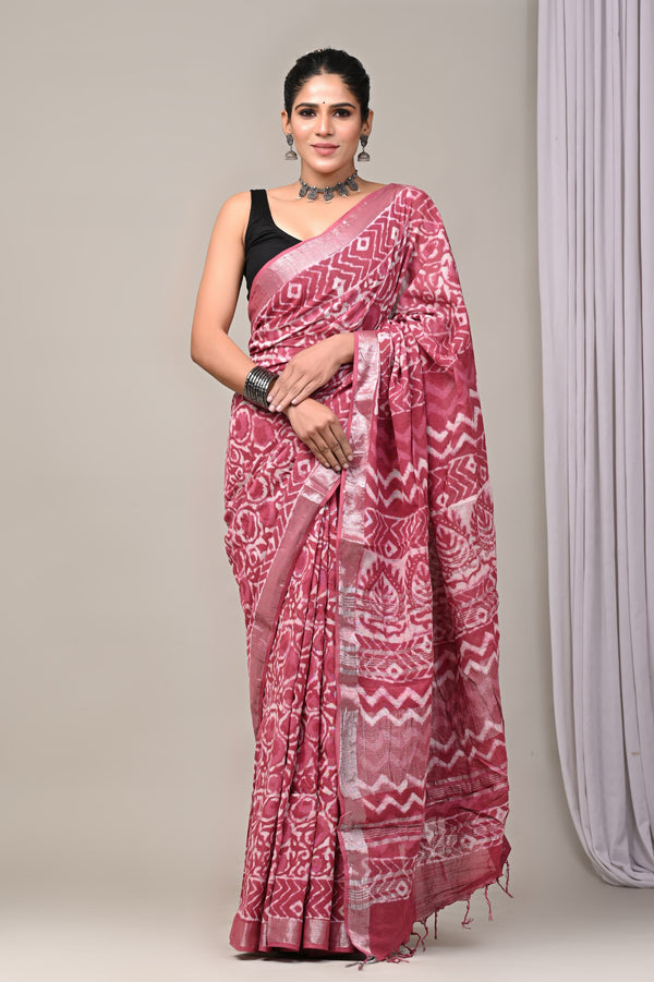 Hand Block Print Linen Saree with Blouse .