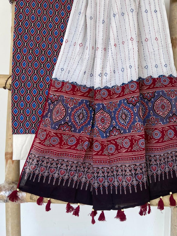 Pure Cotton Azrakh Print Unstitched suit With Hand kantha Work Dupatta .