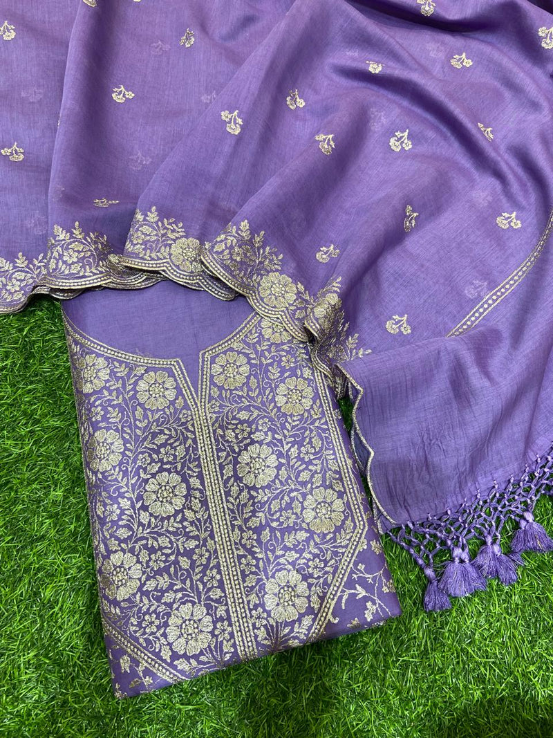 Pure Banarasi Mal Chanderi Silk Zari Embroidery Work Unstitched Suit With Mal Chanderi Silk Zari work Dupatta.