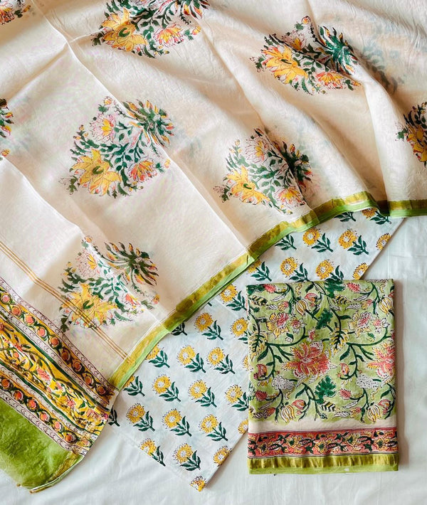 Pure Hand Block Chanderi Silk Unstitched Suit .