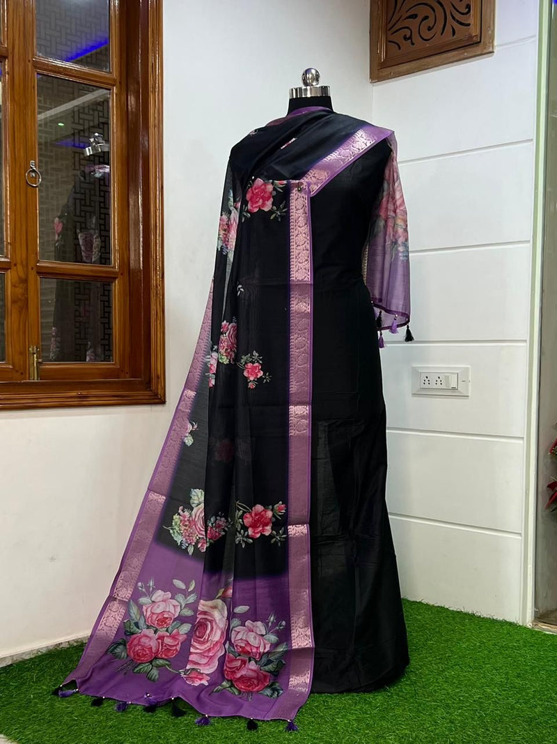 Banarasi Russian Unstitched Suit With Cotton Silk Digital print Dupatta.