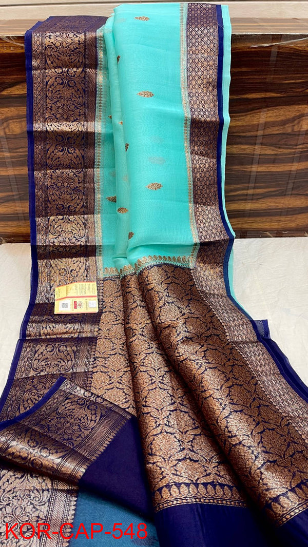 Pure Banarasi Kora Organza Silk Handwoven Zari Work Saree With Silk Mark Certificate ( Length- 6.3 Meter )