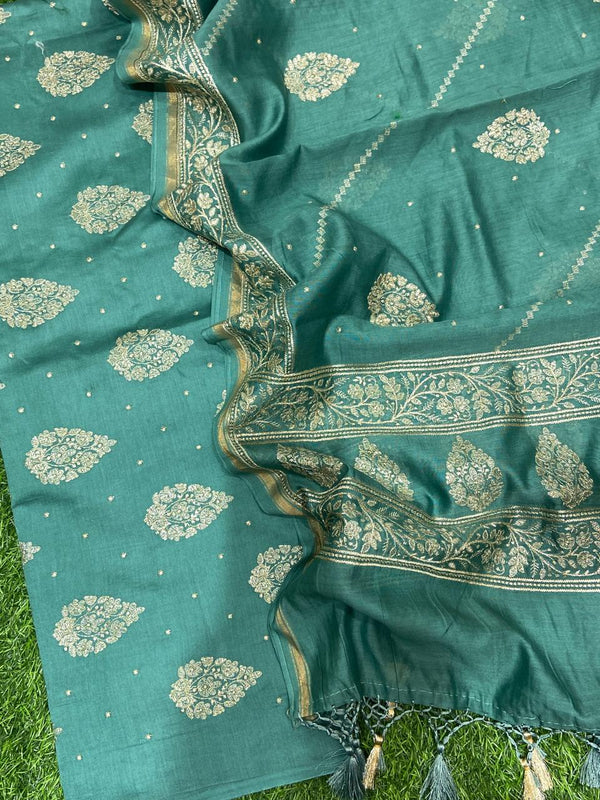 Pure Banarasi Resham Mul Chanderi Silk Zari Embroidery Unstitched Suit.