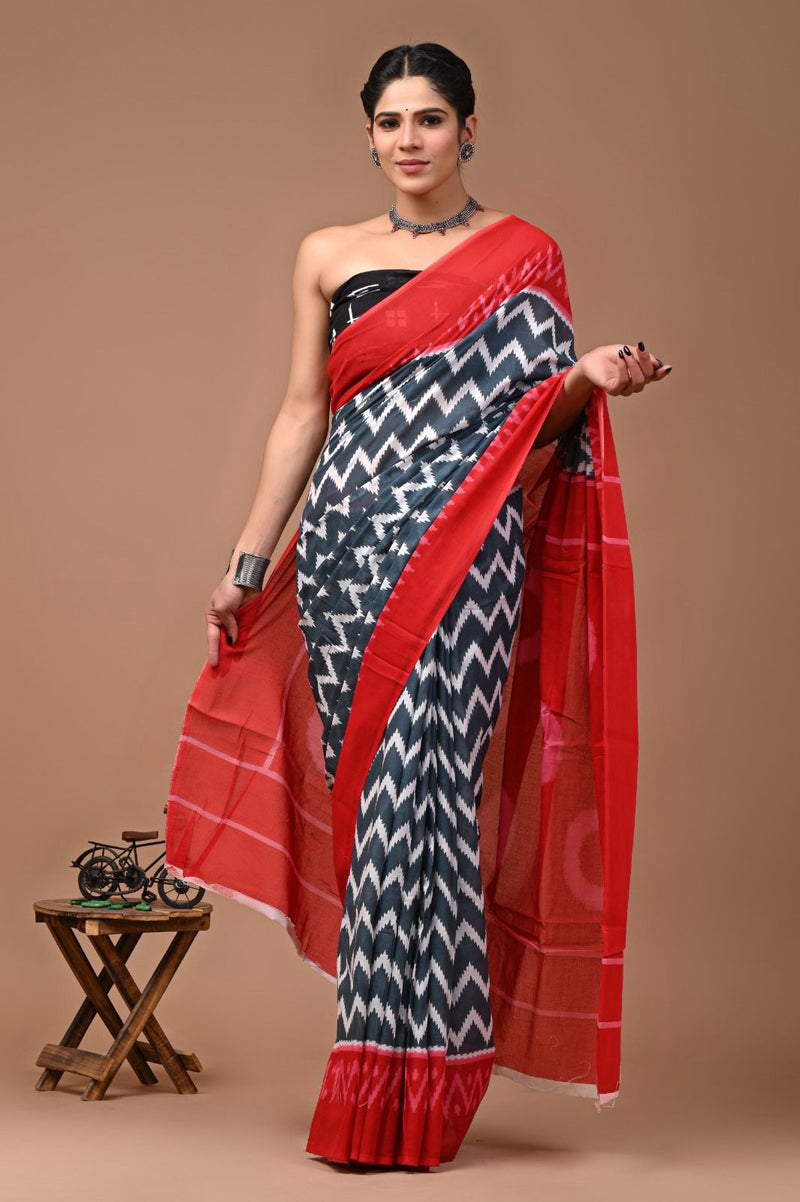 Pure  Mul cotton Hand print saree with Blouse.