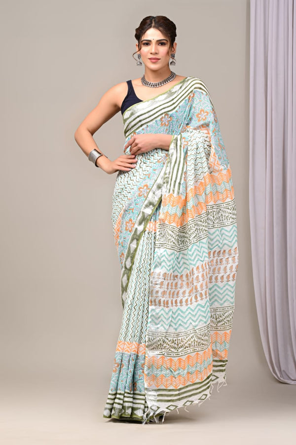 Hand Block Print Linen Saree with Blouse .