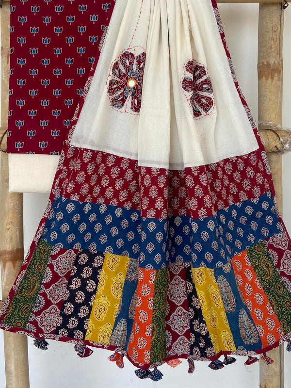 Pure Cotton Azrakh Print Unstitched suit With patch work Dupatta.