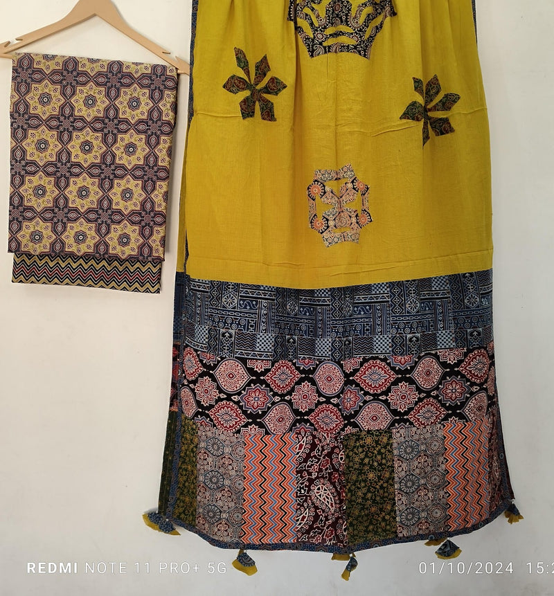 Pure Cotton Azrakh Print Unstitched suit With Patch Work Dupatta.