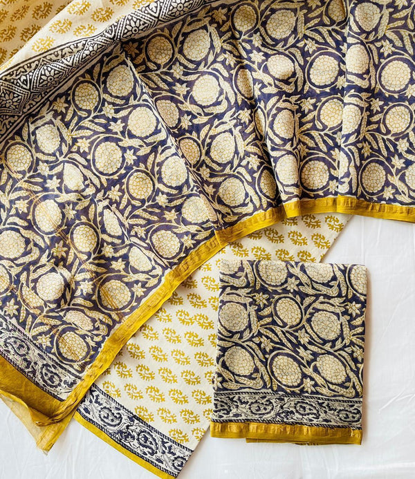 Pure Hand Block Chanderi Silk Unstitched Suit .