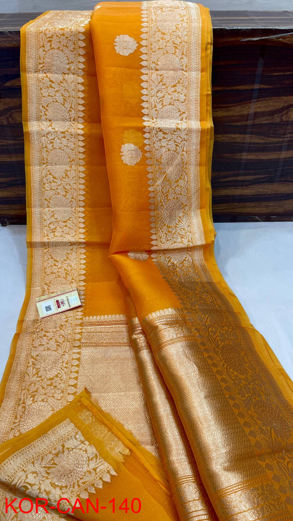 Pure Banarasi Kora Organza Silk Handwoven Zari Work Saree With Silk Mark Certificate ( Length- 6.3 Meter )