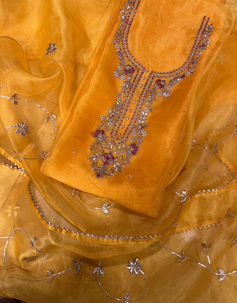 Organza Hand work unstitched kurta and dupatta with zardosi work