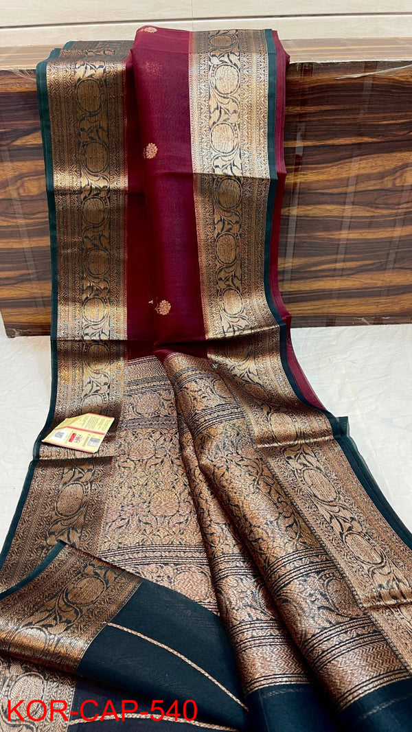 Pure Banarasi Kora Organza Silk Handwoven Zari Work Saree With Silk Mark Certificate ( Length- 6.3 Meter )