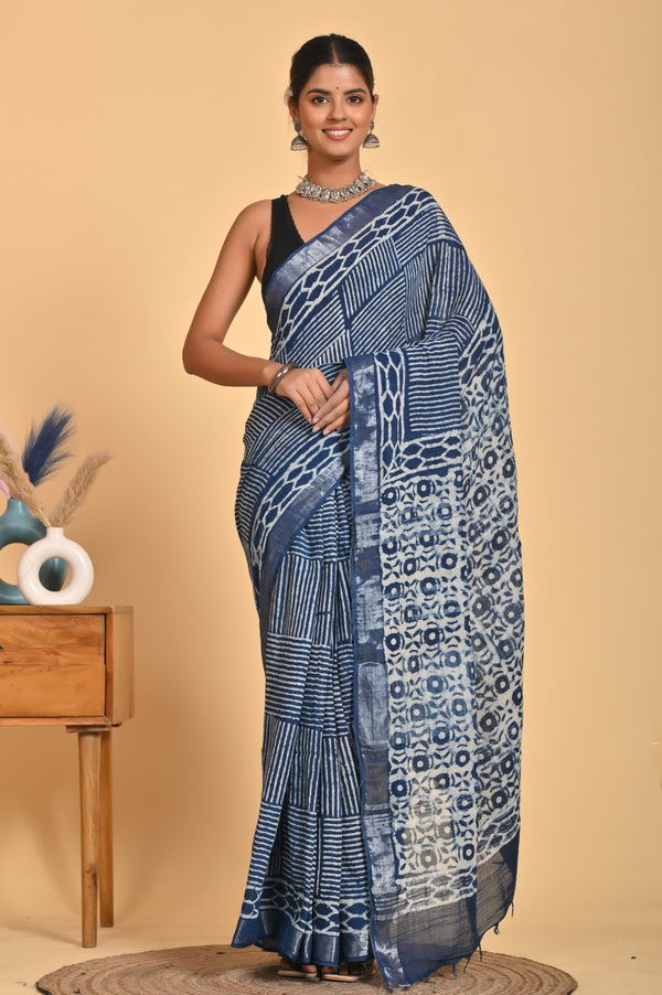 Hand Block Print Linen Saree with Blouse .