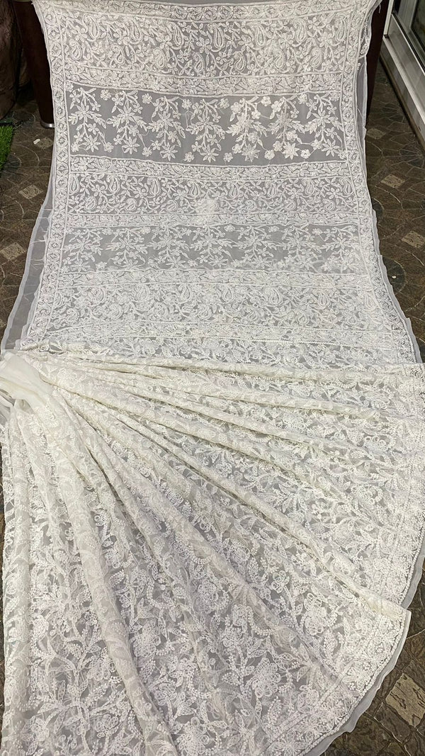 Pure Chiffon Georgette Chikankari Hand Embroidery Full Jaal Work Saree.