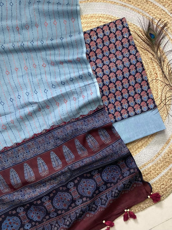 Pure Cotton Azrakh Print Unstitched suit With Hand kantha Work Dupatta .