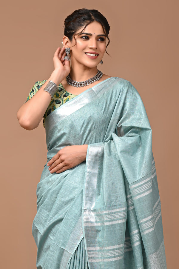 Hand Block Print Linen Saree with Blouse .