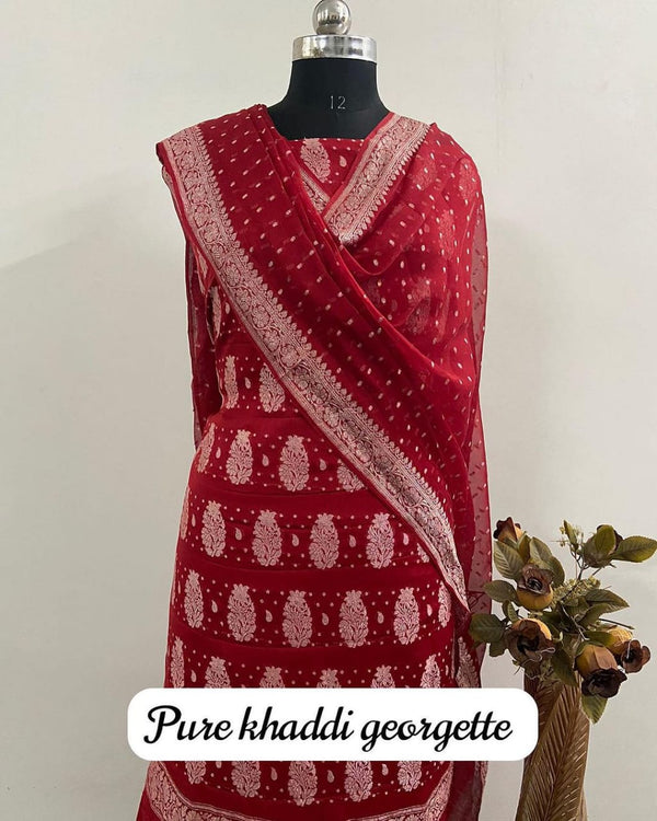 Pure Khaddi Georgette Unstitched Suit With Zari Work.