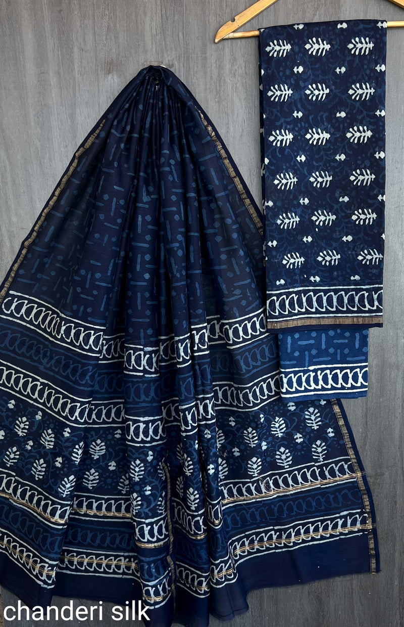 Pure Hand Block Chanderi Silk Unstitched Suit.