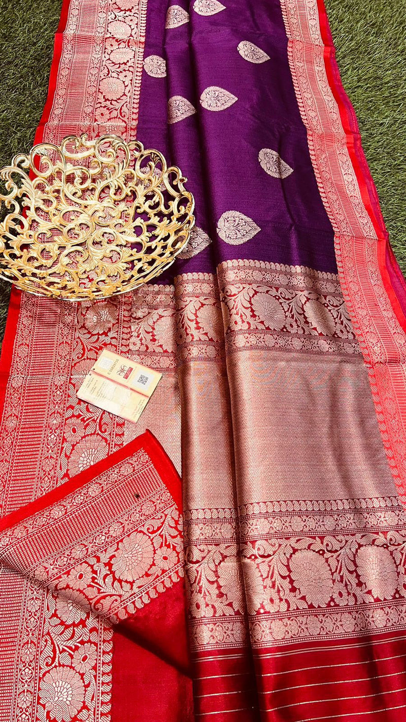 Handwoven Pure Banarasi Tussar Silk Saree With Antique Zari Work.