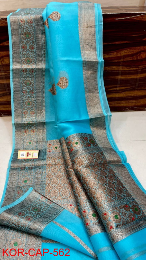 Pure Banarasi Kora Organza Silk Handwoven Zari Work Saree With Silk Mark Certificate ( Length- 6.3 Meter )