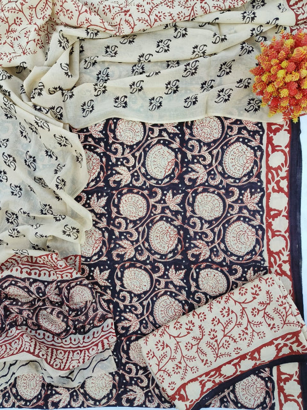 Pure Cotton Hand-Block Print unstitched suit with cotton dupatta .