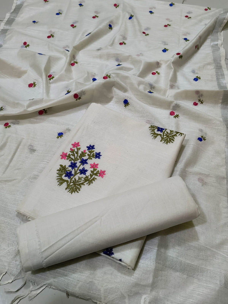 Pure Cotton Linen Bhagalpuri Embroidered Work Unstitched Suit .