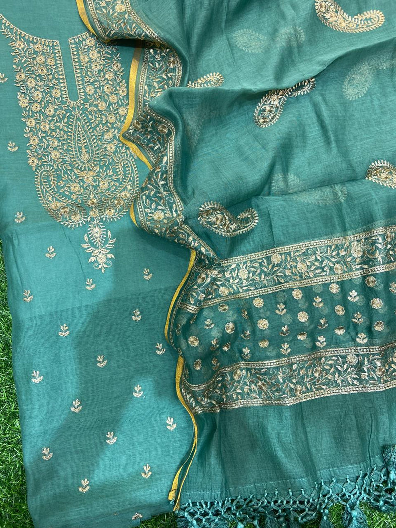 Pure Banarasi Resham Mal Chanderi Silk Zari  Unstitched Suit with Beautiful Neck Embroidery.