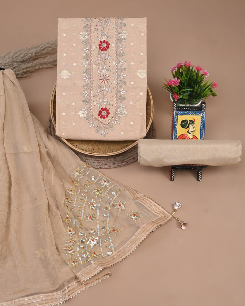 Pure Chanderi Silk Hand Work Unstitched Suit With Dhola Silk Dupatta.