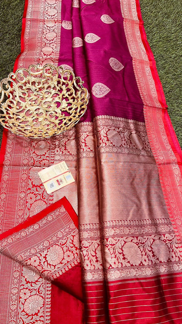 Handwoven Pure Banarasi Tussar Silk Saree With Antique Zari Work.