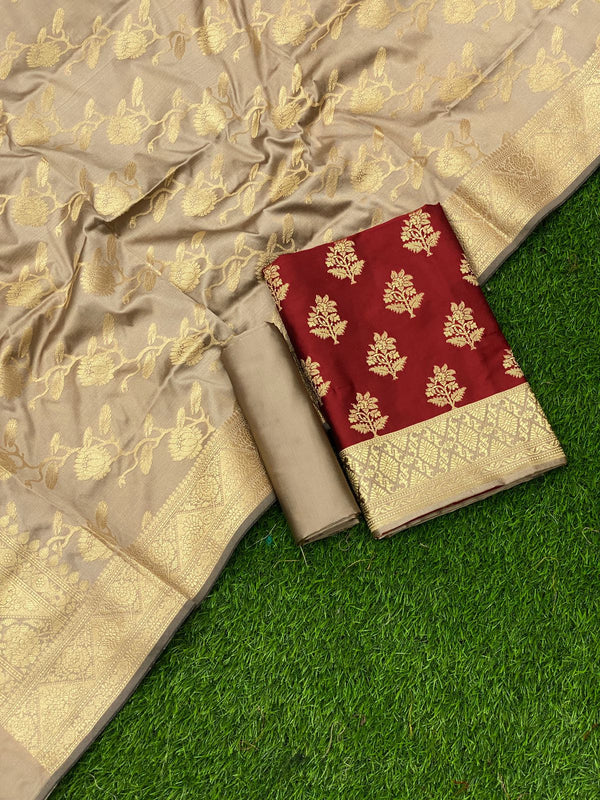 Pure Banarasi Double Zari Weaved Silk Unstitched Suit With Banarasi Silk Dupatta .