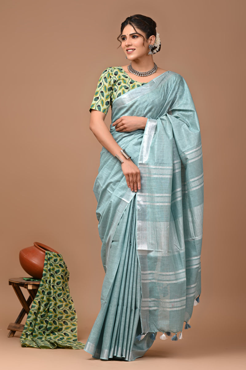 Hand Block Print Linen Saree with Blouse .